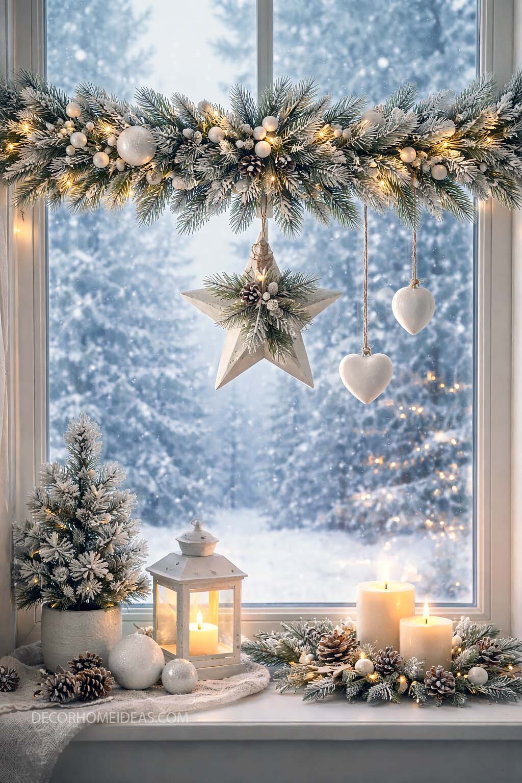 DIY Frosted Window Christmas Decor with Candles and Garland