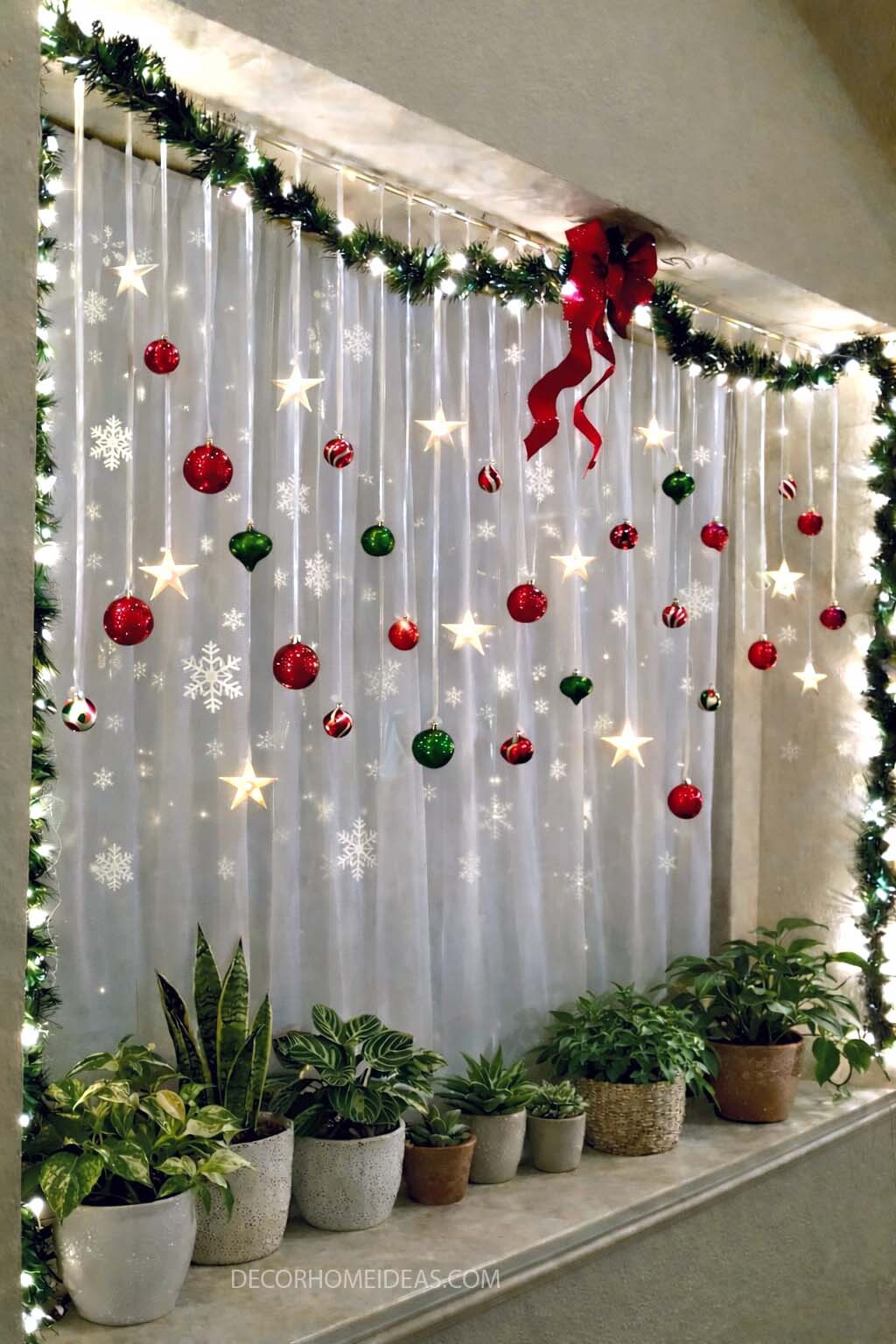 Magical Christmas Window Decor with Hanging Ornaments