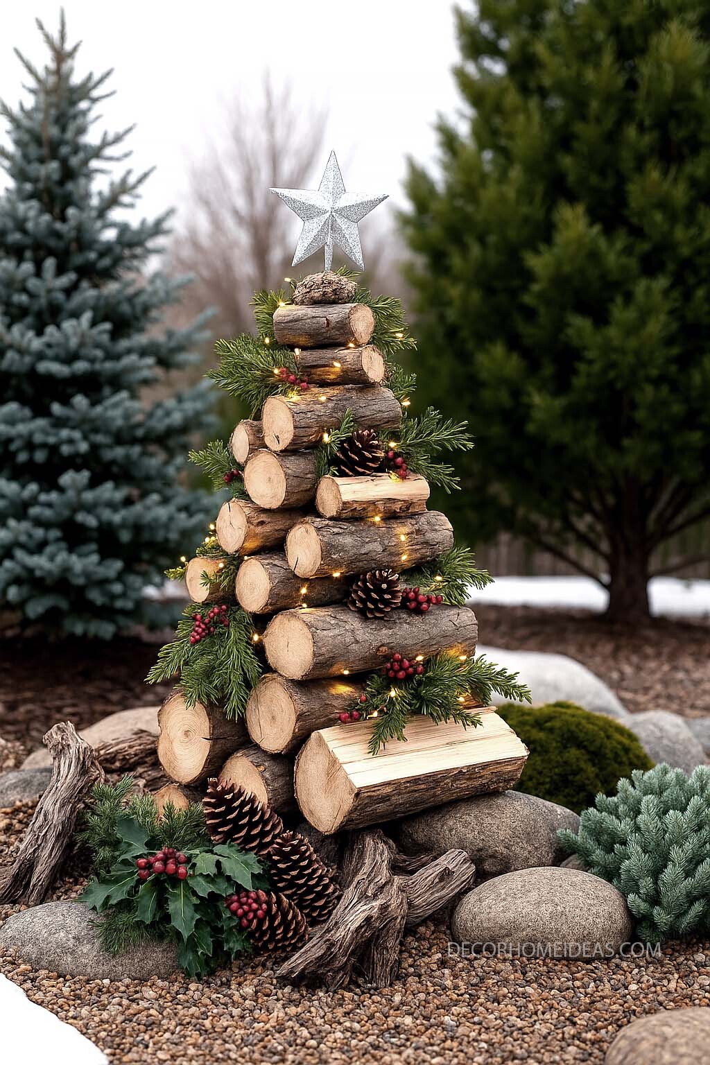 DIY Firewood Christmas Tree with Natural Decor