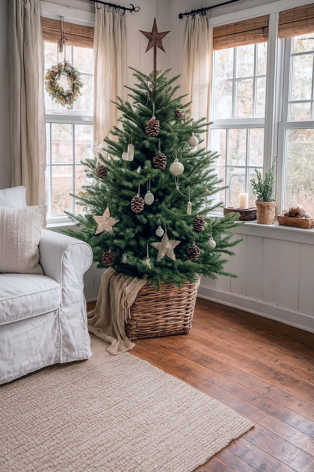 Neutral Christmas Living Room Decor with Rustic Charm