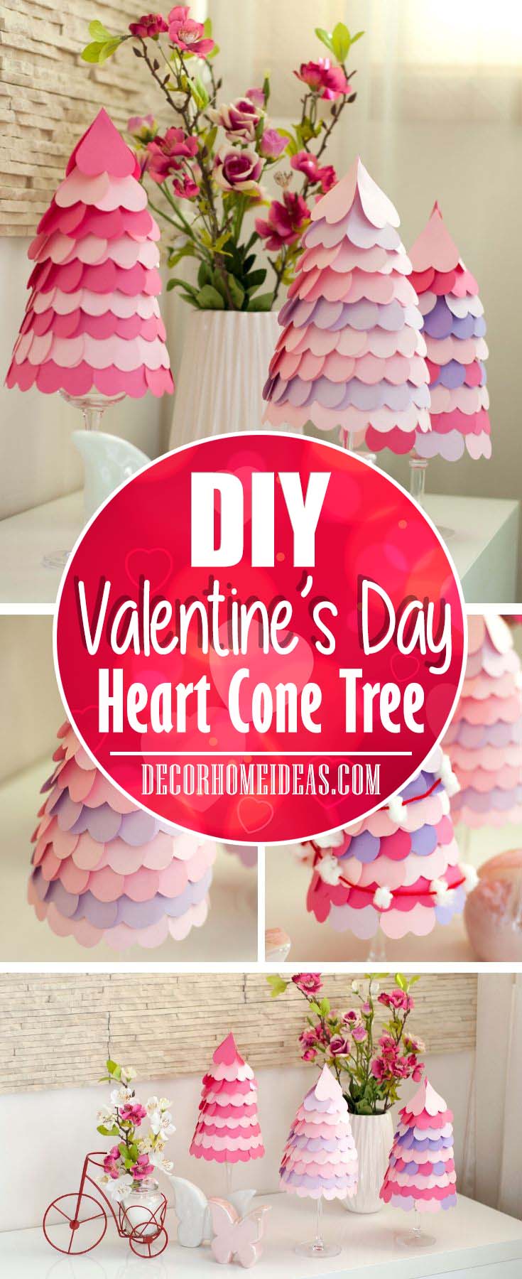 DIY Valentine's Day Heart Cone Tree Tutorial. Step by step instructions with free patterns and beautiful photos. #diy #valentinesday #hearts #cone #tree #decorhomeideas