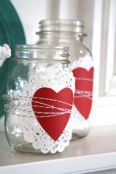 Doily and Heart Mason Jars #valentine #dollarstore #diy #decor #decorhomeideas