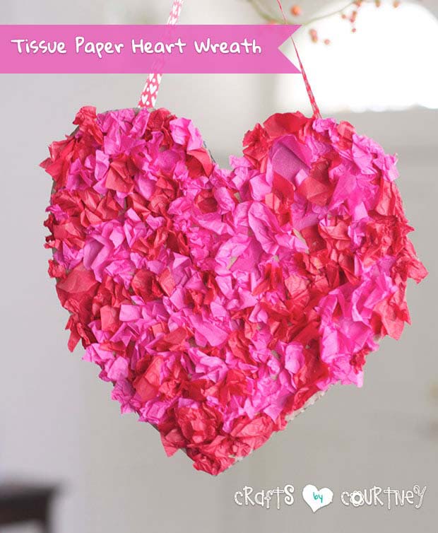 Tissue Paper Heart Wreath #valentine #dollarstore #diy #decor #decorhomeideas