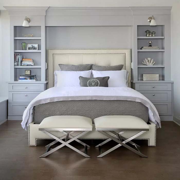 Built In Storage Closets In Grey Womens' Bedroom #women #bedroom #feminine #decor #decorhomeideas