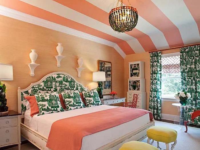 Coral And Green Color Combination In Womens' Bedroom #women #bedroom #feminine #decor #decorhomeideas