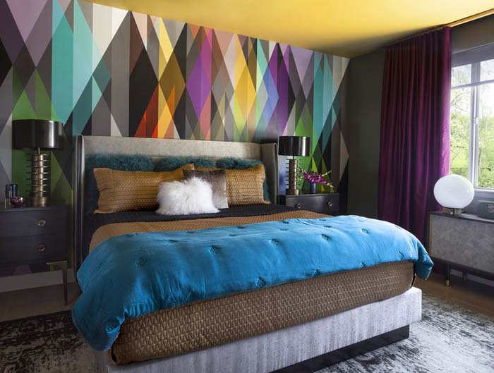 Rainbow Rhombs Wallpaper As Accent In Womens' Bedroom #women #bedroom #feminine #decor #decorhomeideas