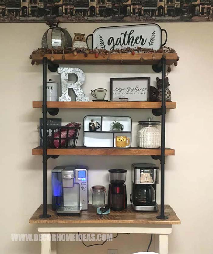 DIY Coffee Station Made From Farmhouse Table and attaching shelves with vintage styled pipes #coffee #bar #diy #farmhouse #decorhomeideas