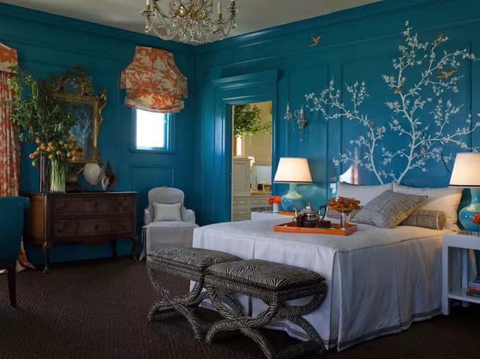 Hand-Painted Tree On Dark Blue Bedroom Wall #women #bedroom #feminine #decor #decorhomeideas