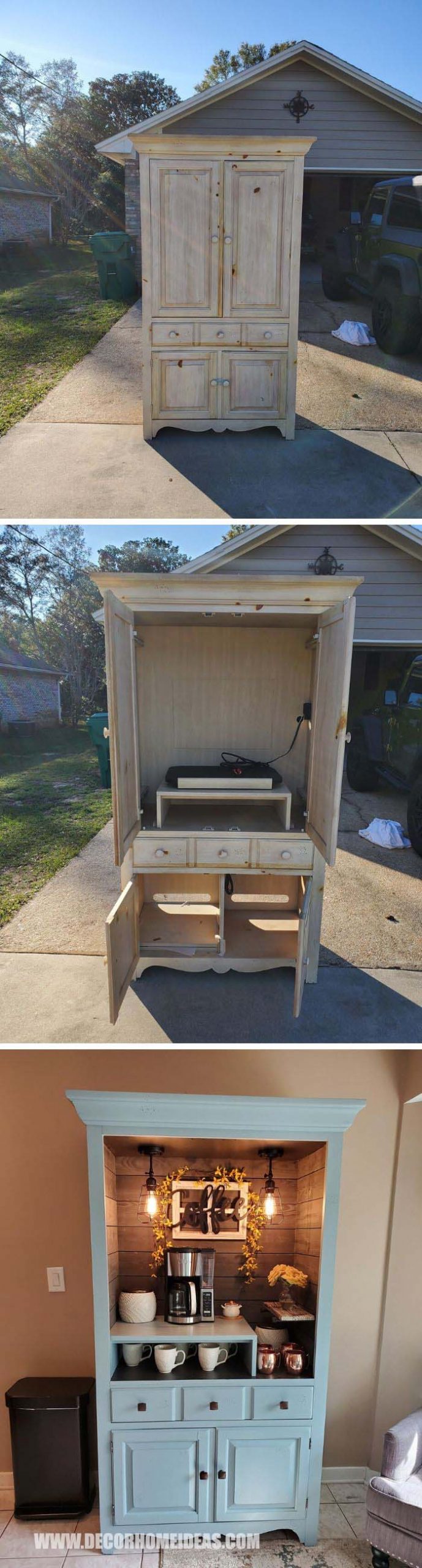 Old Hutch Makeover Coffee Bar. #makeover #hutch #coffeebar #decorhomeideas