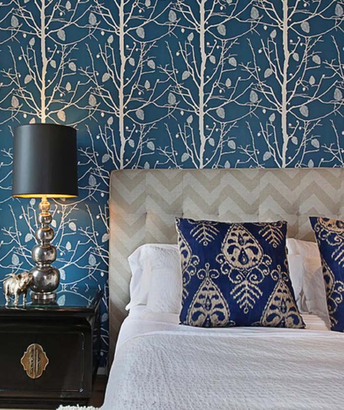 Blue Wallpaper With WHite Flowers On A Bedroom Wall #women #bedroom #feminine #decor #decorhomeideas