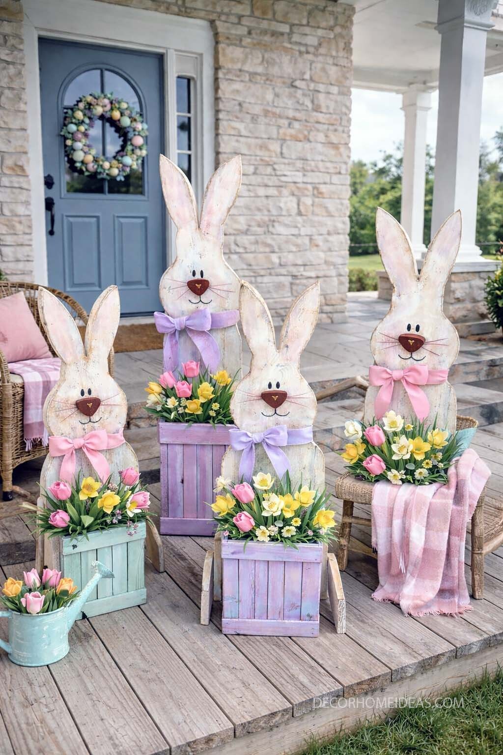 Adorable Easter Porch Decor with Rustic Bunny Planters