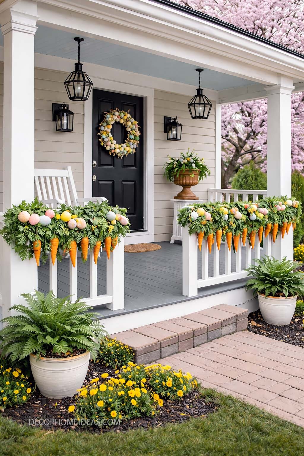 Bright and Whimsical Easter Porch with Carrot Garland