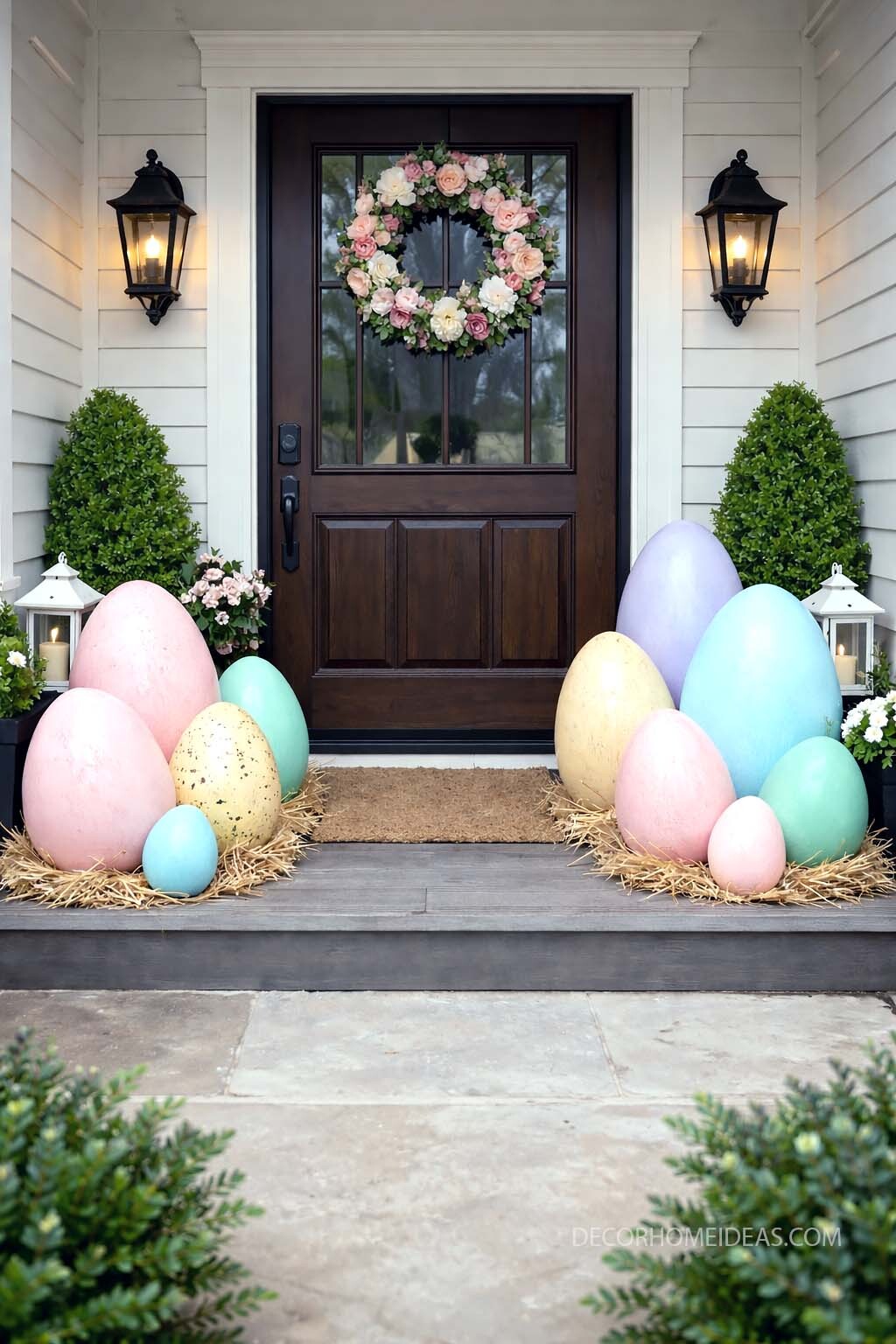 Charming Easter Front Porch with Oversized Pastel Eggs