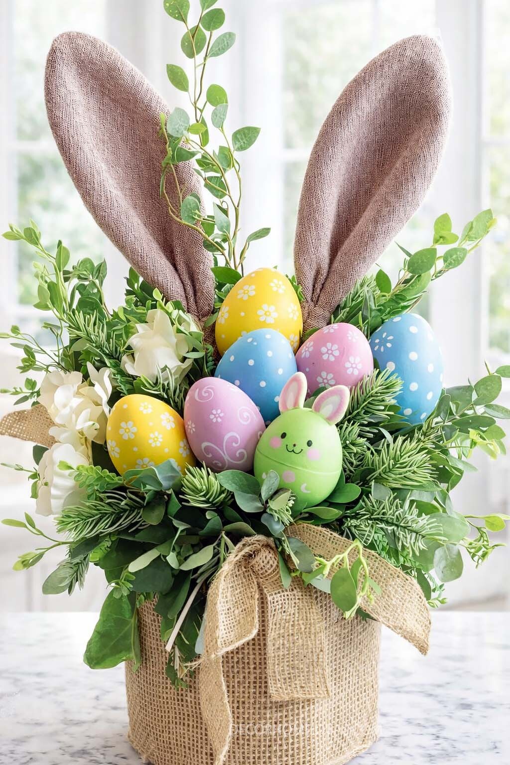 Colorful Easter Egg Arrangement with Bunny Ears