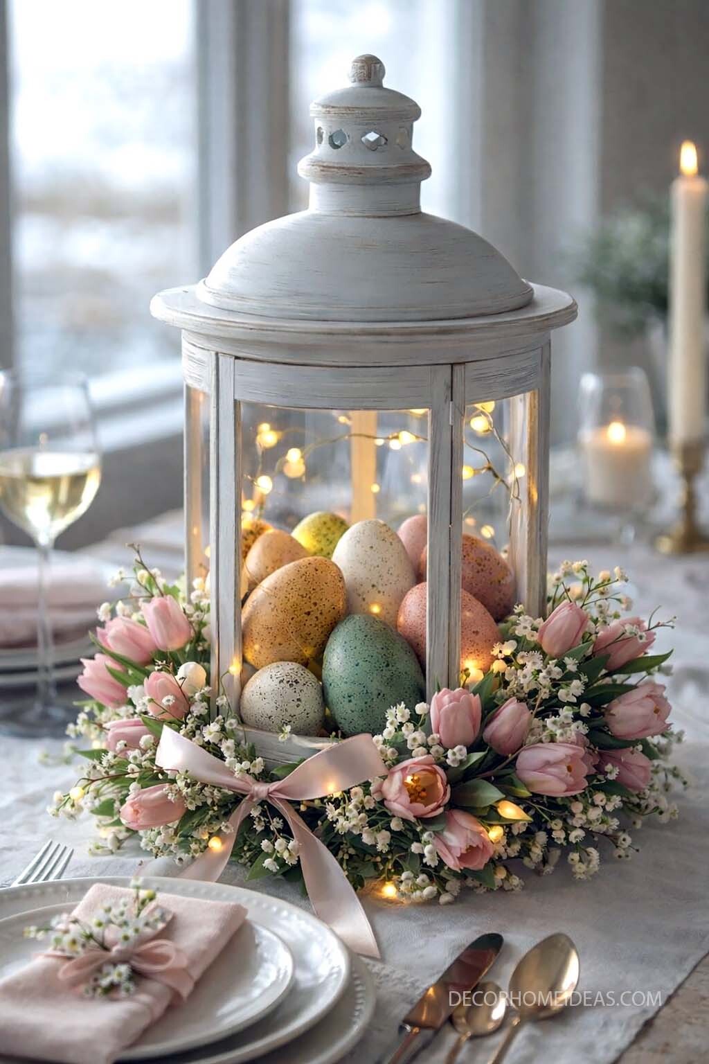 Romantic Easter Lantern Centerpiece with Speckled Eggs