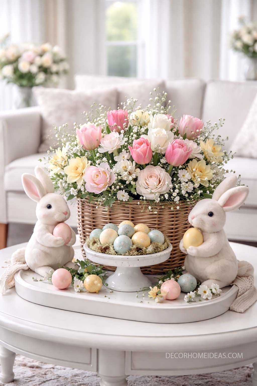 Soft and Elegant Easter Centerpiece with Bunnies and Florals