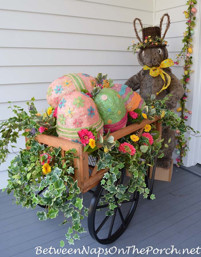 Bunny Pushing a Cart of Easter Eggs #easter #diy #porch #decor #decorhomeideas