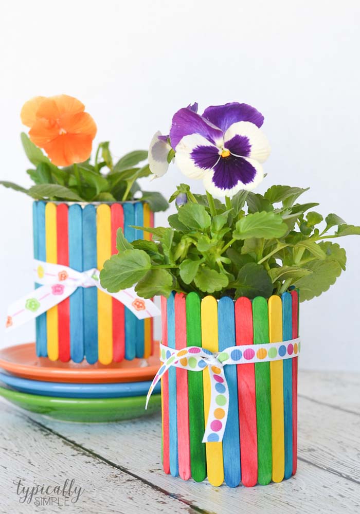 Craft Stick Flower Pots #easter #diy #dollarstore #crafts #kids  #decorhomeideas