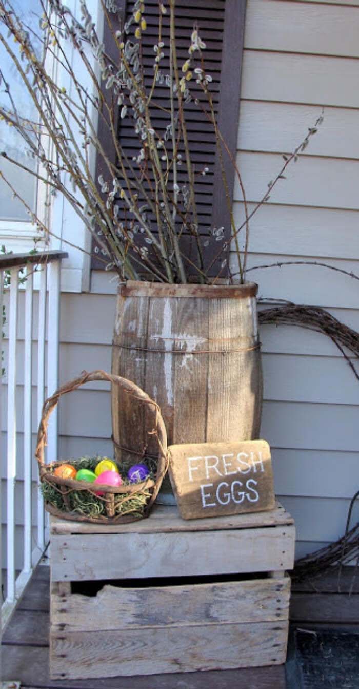 Fresh Eggs Wine Barrel #easter #diy #porch #decor #decorhomeideas