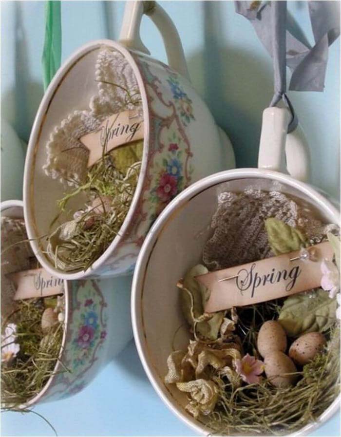 Hanging Teacup Curio Easter Nests #easter #diy #rustic #decor #decorhomeideas