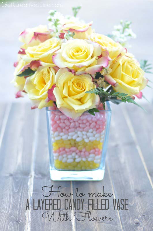 Layered Candy Filled Vase with Flowers #easter #diy #cheap #decor #decorhomeideas