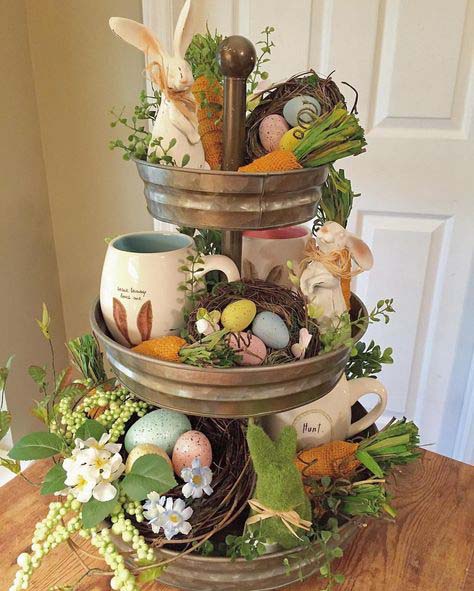 Rustic Easter Galvanized Tiered Tray #easter #diy #rustic #decor #decorhomeideas