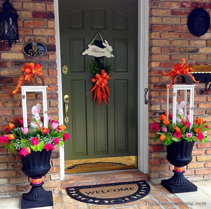 Spring Bunny Lantern Topiaries #easter #diy #porch #decor #decorhomeideas