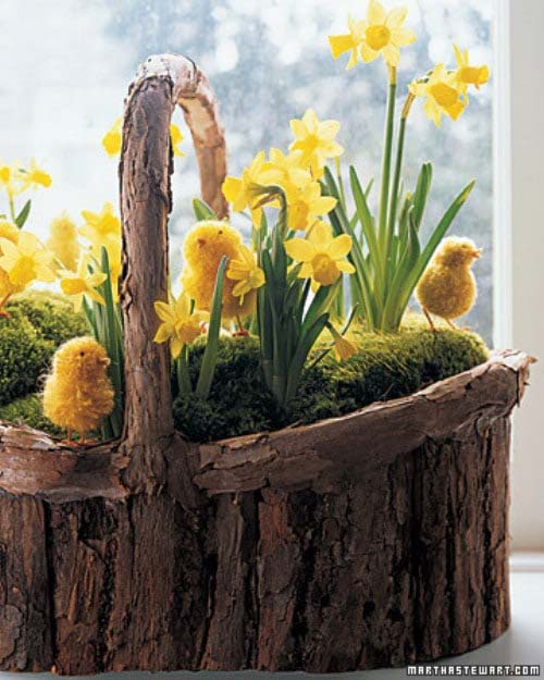 Wood Basket with Chicks and Daffodils #easter #diy #rustic #decor #decorhomeideas