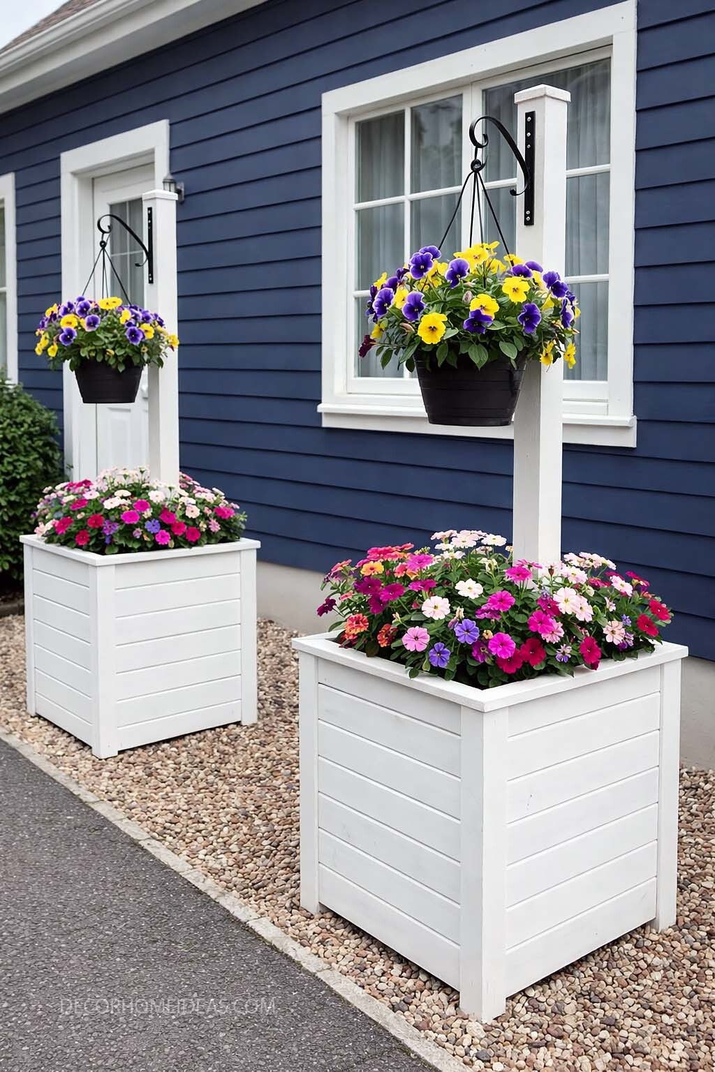 DIY Wooden Planter Boxes with Hanging Baskets for Front Porch Decor