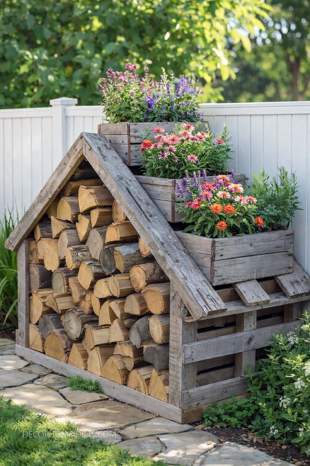 Rustic Firewood Storage with Built In Flower Planters