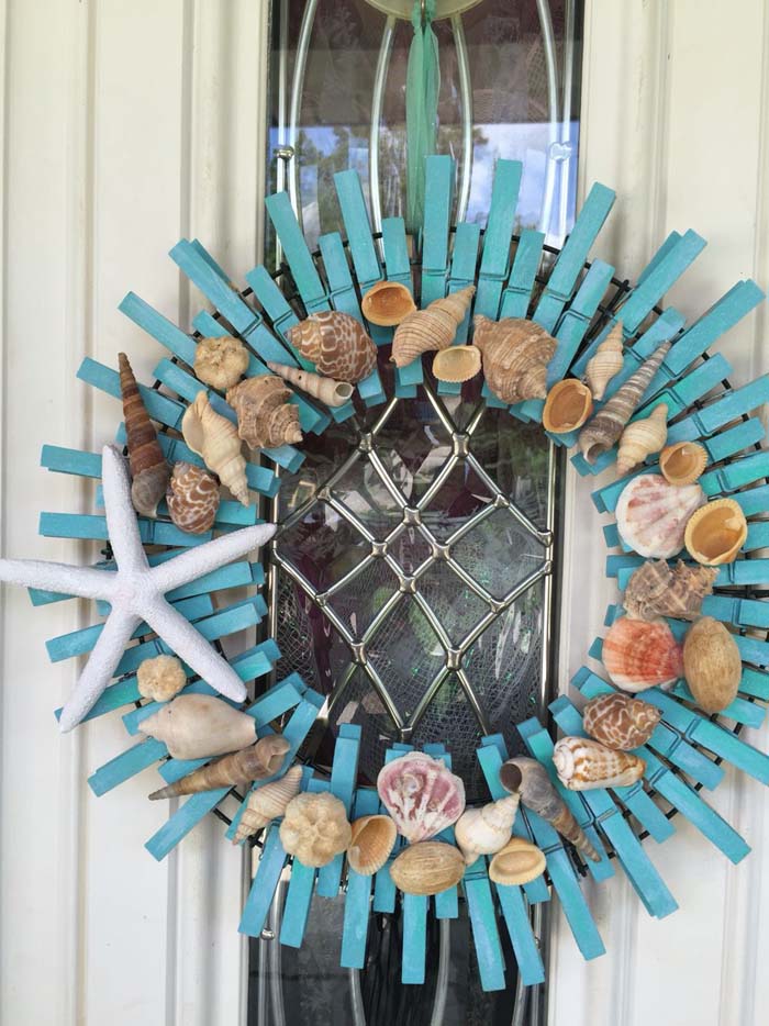 Sea Shell Crafts On Wreath From Clothespins #diy #clothespin #wreath #crafts #decorhomeideas