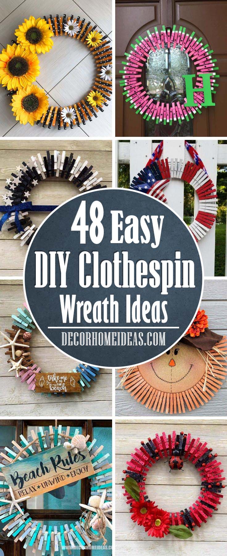 Best DIY Clothespin Wreaths that are really easy to do. Sunflower, 4th of July, watermelon, beach themed and fall ready are just some of the beautiful designs in this collection. #diy #clothespin #wreath #crafts #decorhomeideas