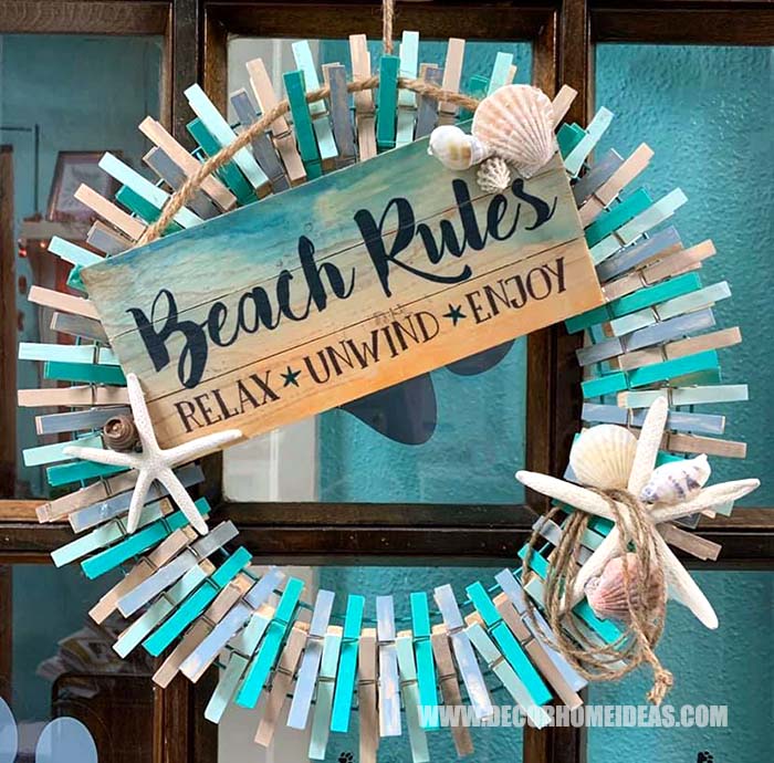 Coastal Beach Colored Clothespin Wreath #diy #clothespin #wreath #crafts #decorhomeideas