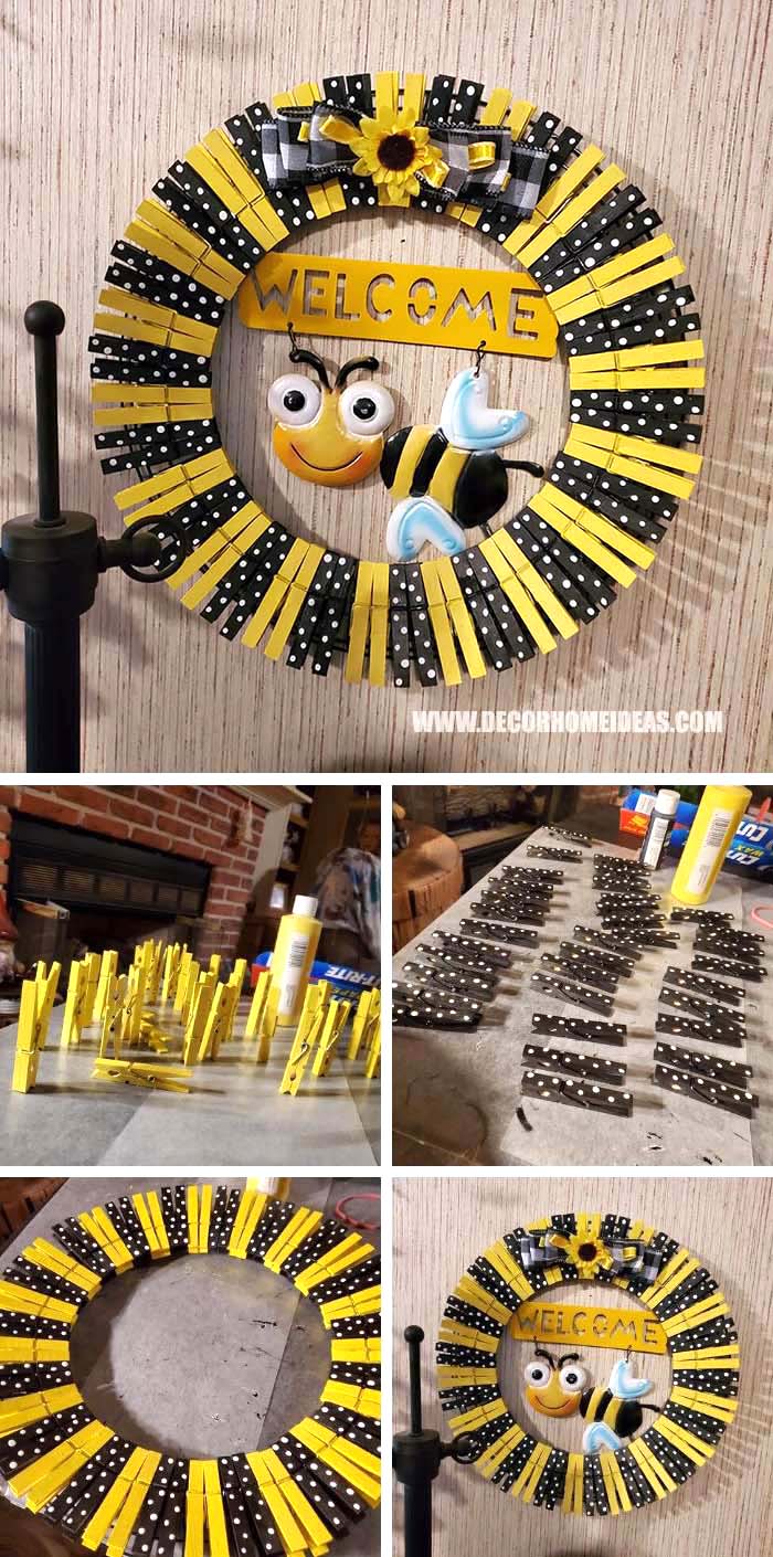 DIY Cute Bee Clothespin Wreath #diy #clothespin #wreath #crafts #decorhomeideas