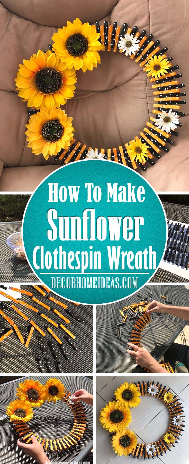 DIY Easy Clothespin Sunflower Wreath. How to make sunflower clothespin wreath, step by step tutorial with photos and instructions, needed supplies and tools. #sunflower #diy #wreath #clothespin #decorhomeideas