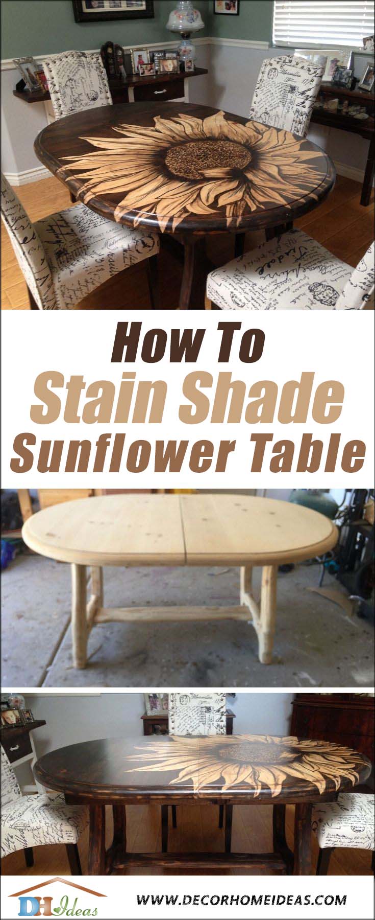 DIY Sunflower Table Stain Shading. How to transform an old boring table into a gorgeous dining table with stain shaded sunflower. #diy #stain #table #makeover #decorhomeideas