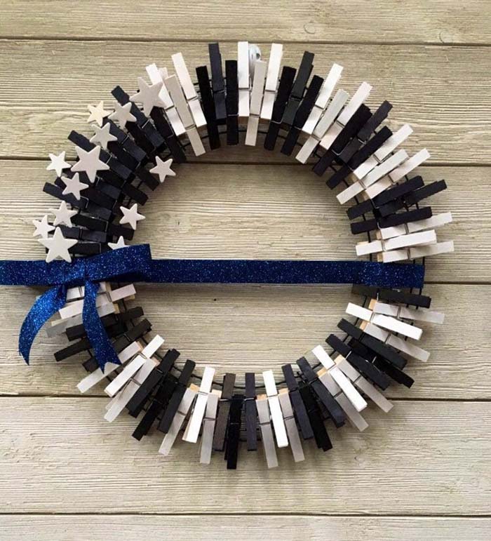 Stars And Gentle Blue Ribbon Wreath #diy #clothespin #wreath #crafts #decorhomeideas