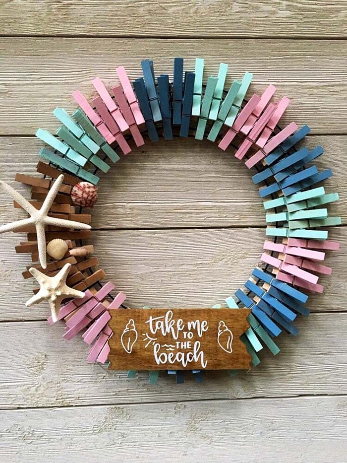 Take Me To The Beach Clothespin Wreath #diy #clothespin #wreath #crafts #decorhomeideas