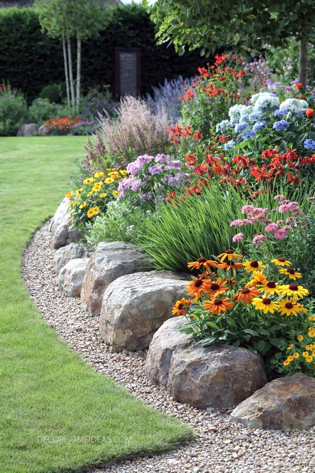Colorful Rock Border Flower Bed Ideas for a Beautiful Garden Edge