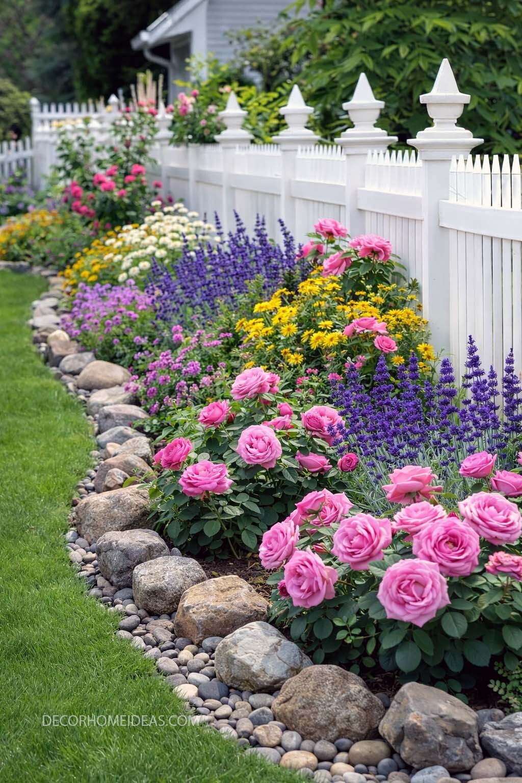 Cottage Garden Rock Bed Edging Along a White Picket Fence