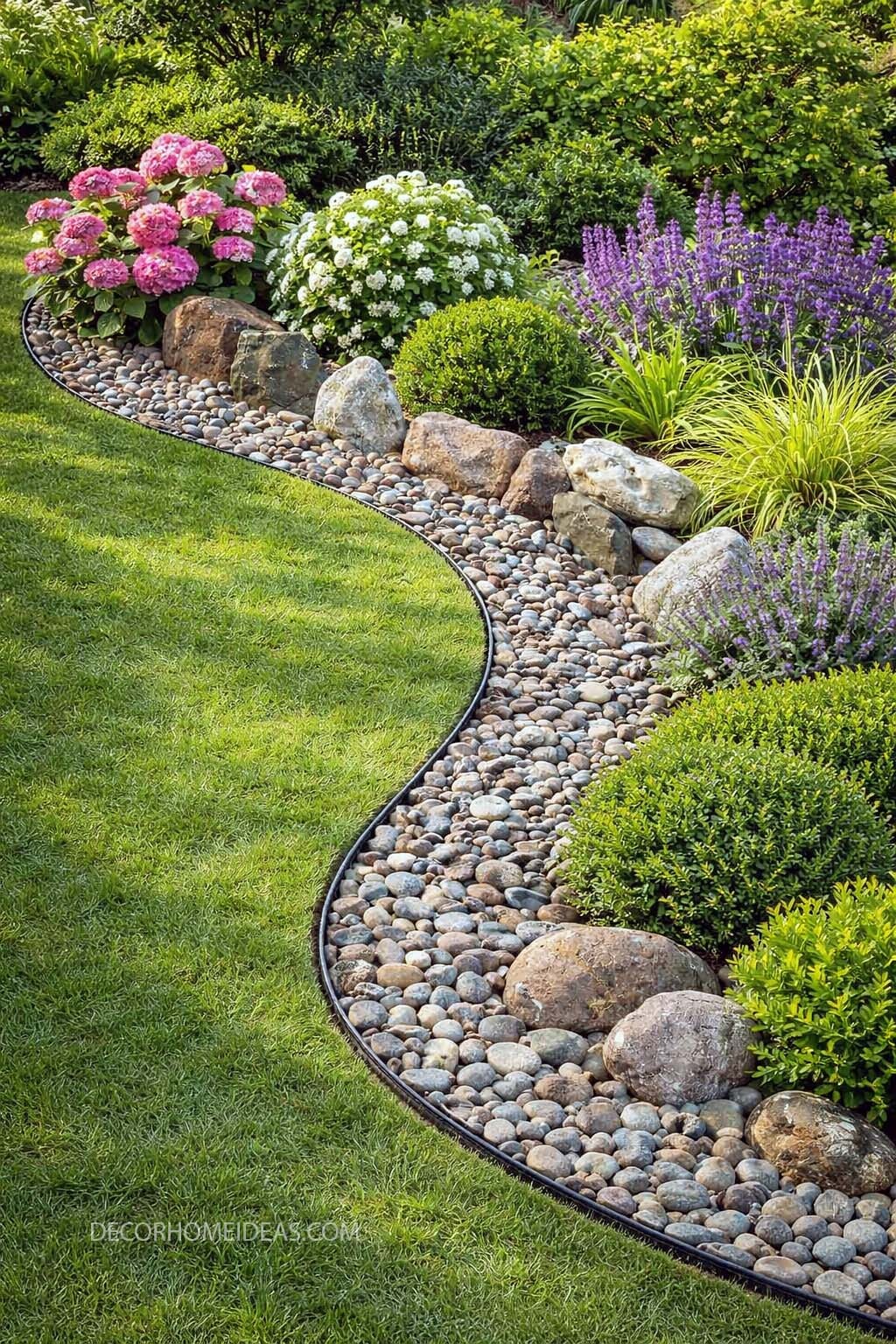 Curved Rock Garden Bed Edging with Hydrangeas and Shrubs