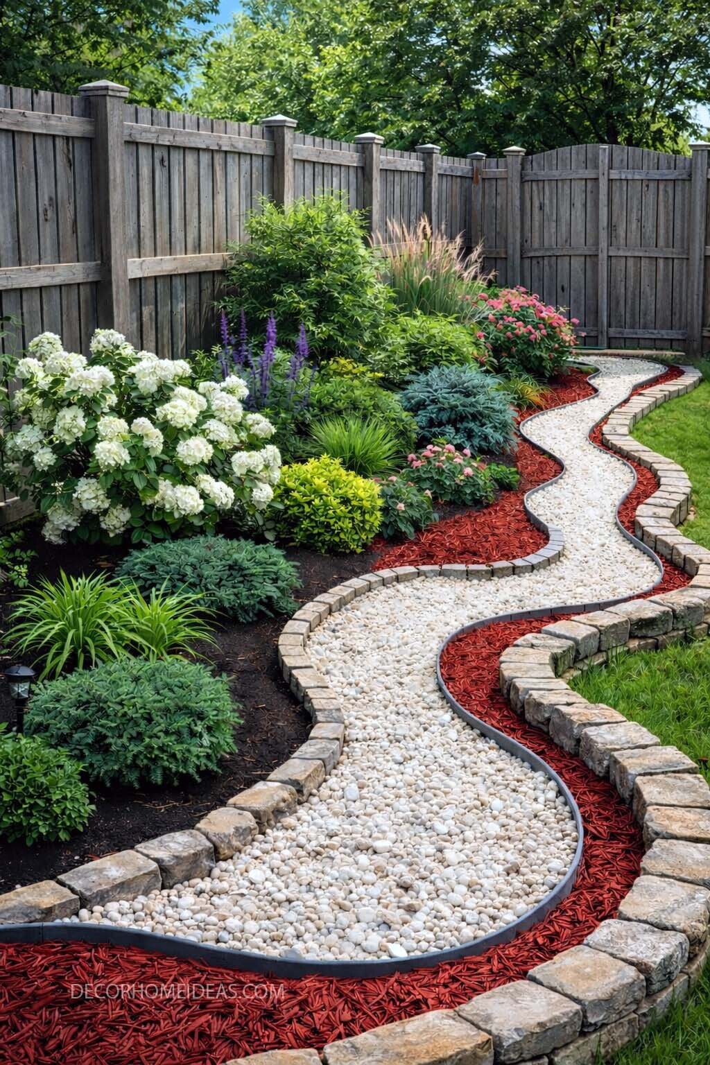 Curved White Pebble Garden Bed Ideas with Stone Edging