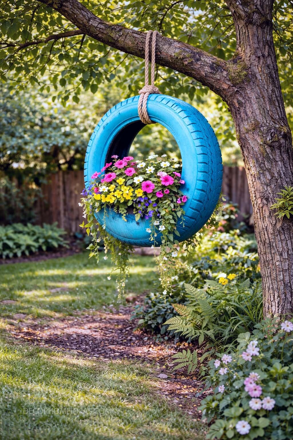 DIY Hanging Tire Planter Idea for a Charming Backyard Garden
