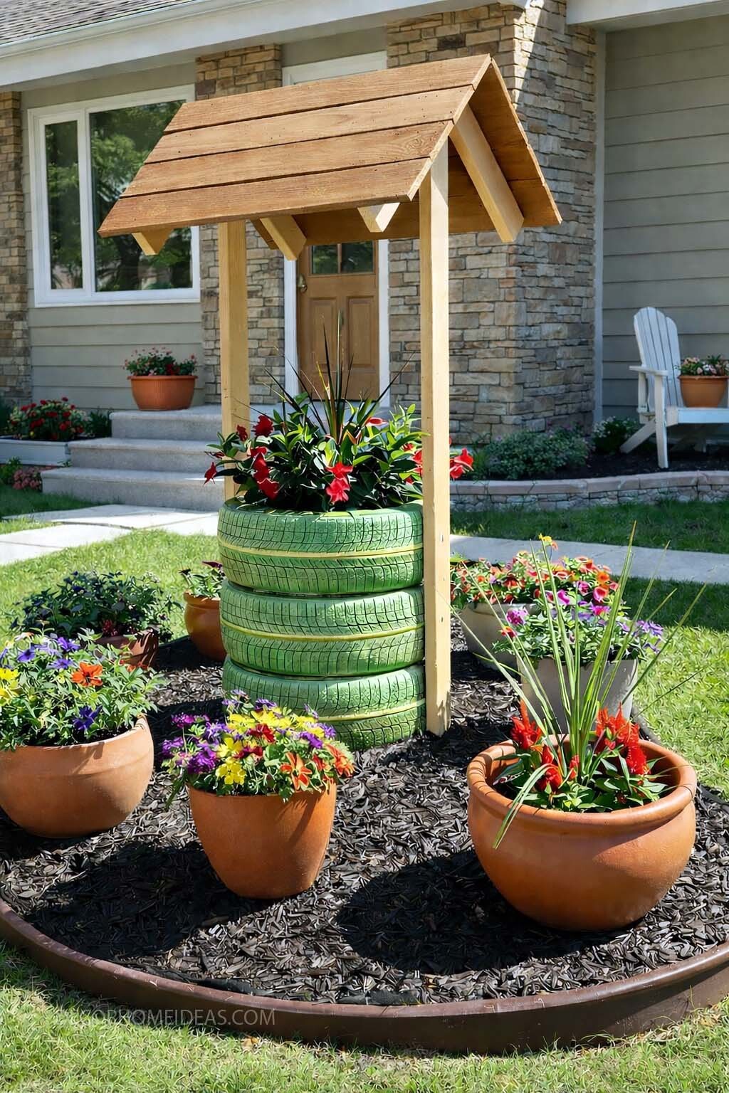 DIY Wishing Well Planter Idea Using Old Tires for Front Yard Decor