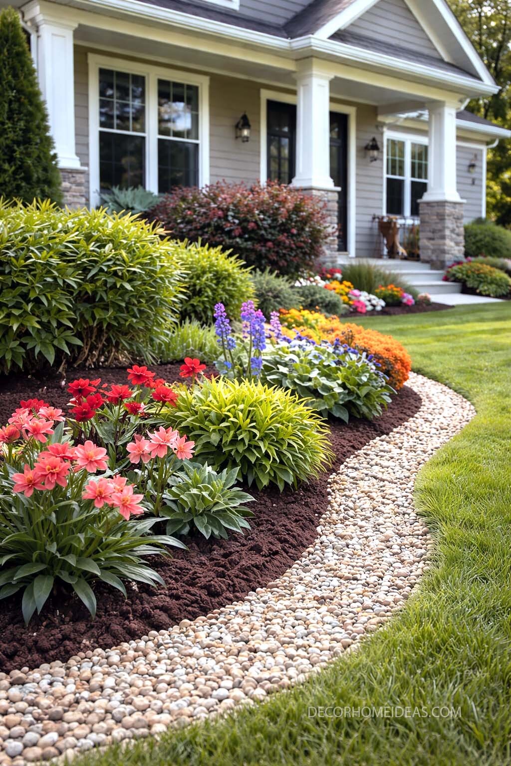 Front Yard Rock Garden Bed Edging with Colorful Flower Border