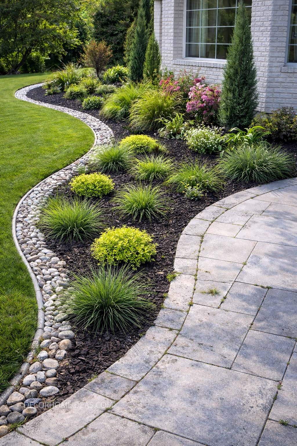 Modern Rock Garden Bed Edging Along Front Walkway