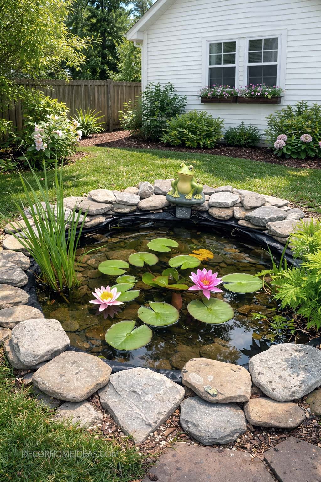 Small Backyard Pond Idea with Water Lilies and Natural Stone Border