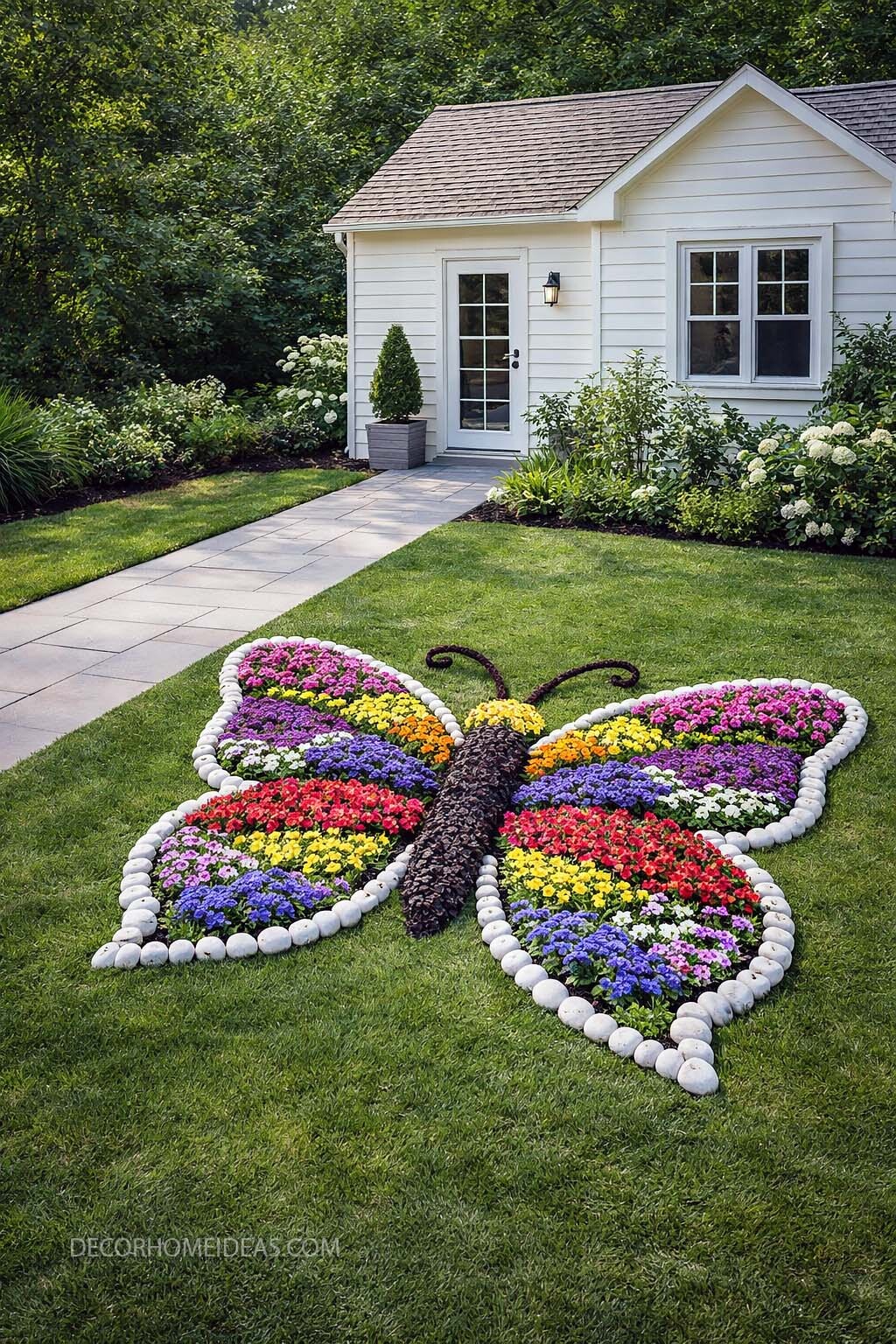 Stone Garden Decor Idea with Butterfly Flower Bed Design
