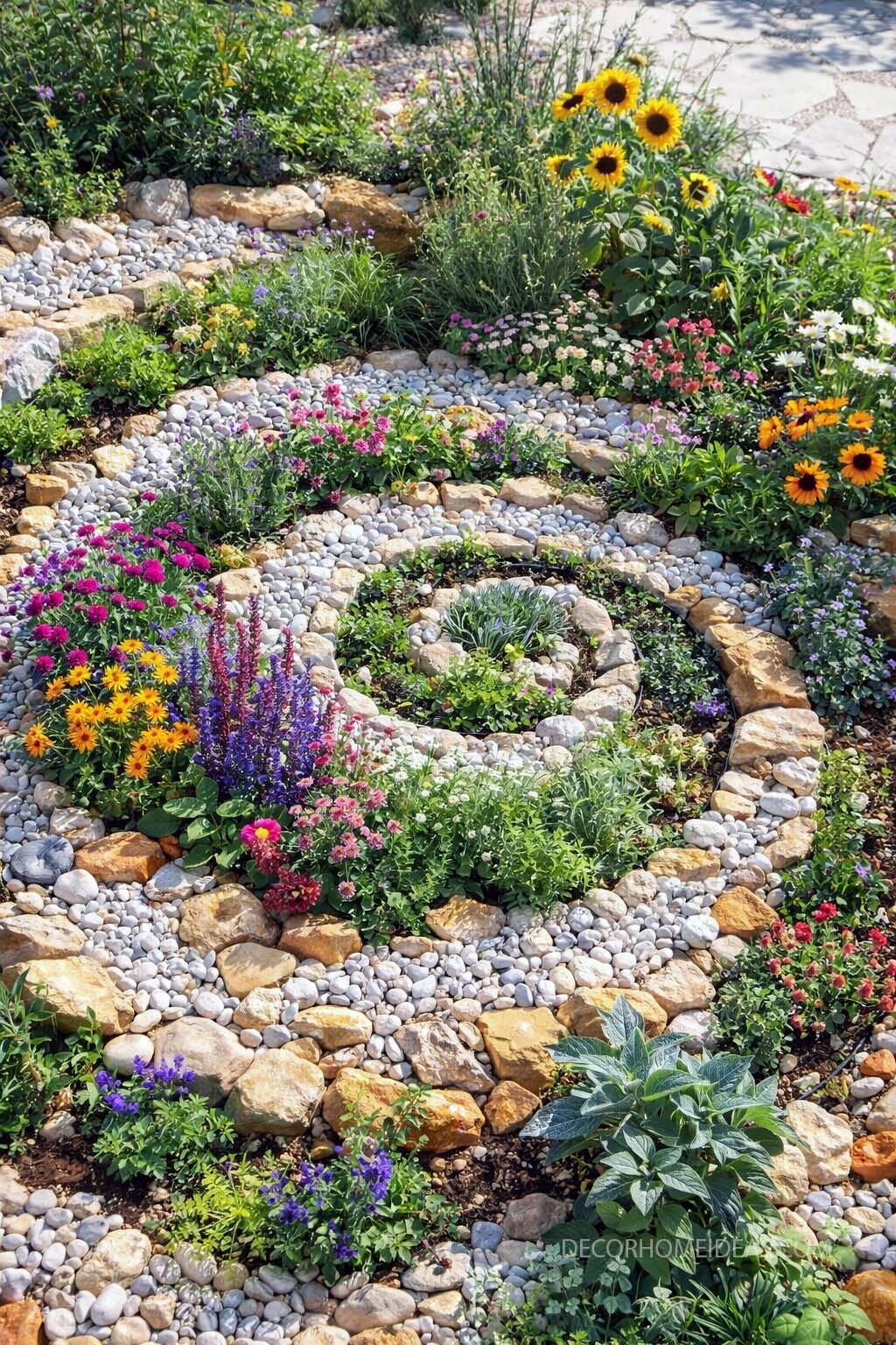 Stone Spiral Garden Decor Ideas for a Colorful Rock Garden