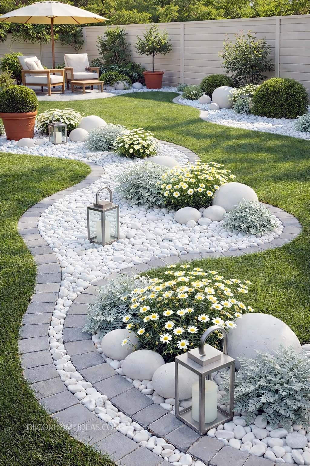 White Pebble Garden Bed Ideas for a Clean and Modern Backyard